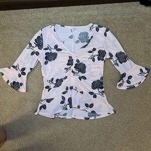 Candies brand, pink blouse with black flowers. Size small. Bell sleeves.